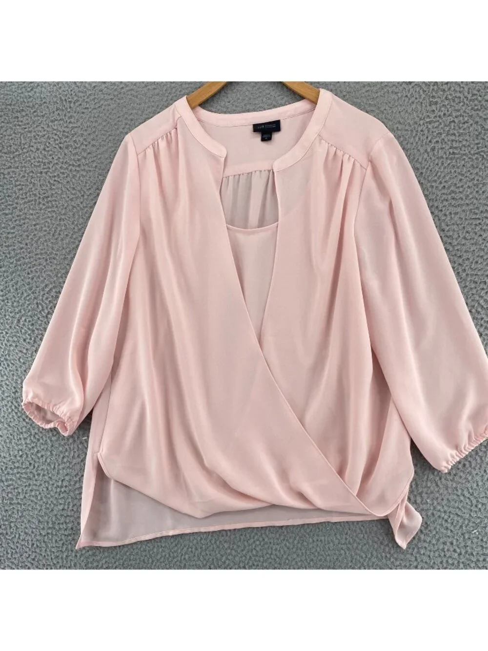 J Jill Top Women Medium Wearever Pink 3/4 Balloon Sleeve Layered Surplice Blouse